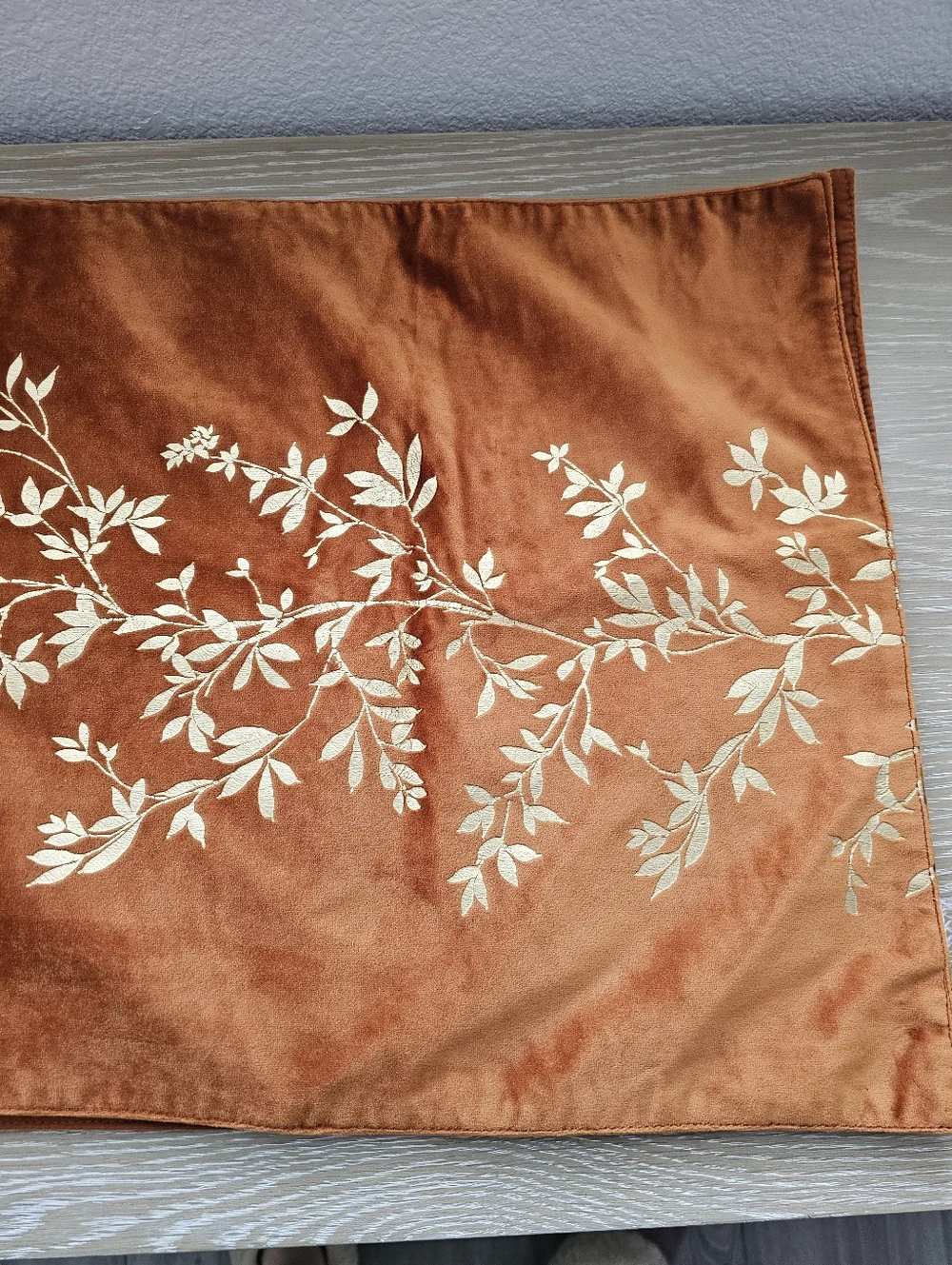 Vintage Rust Velvet Table Runner Gold Embroidered Botanical Vine Autumn Decor